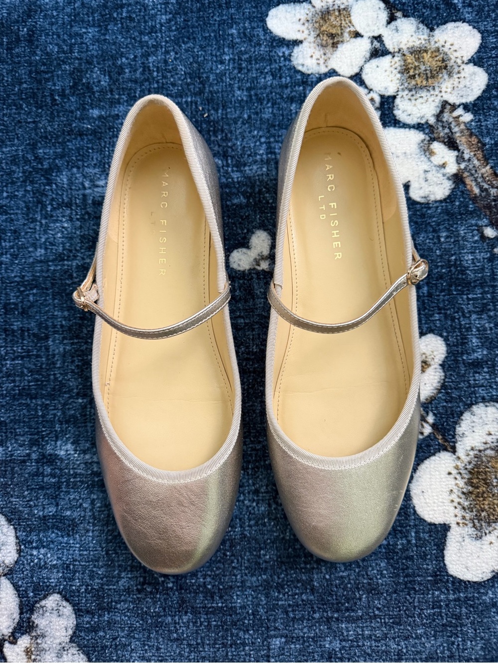 Marc Fisher Shimmery Champagne Mary Jane Flats with Slim Strap